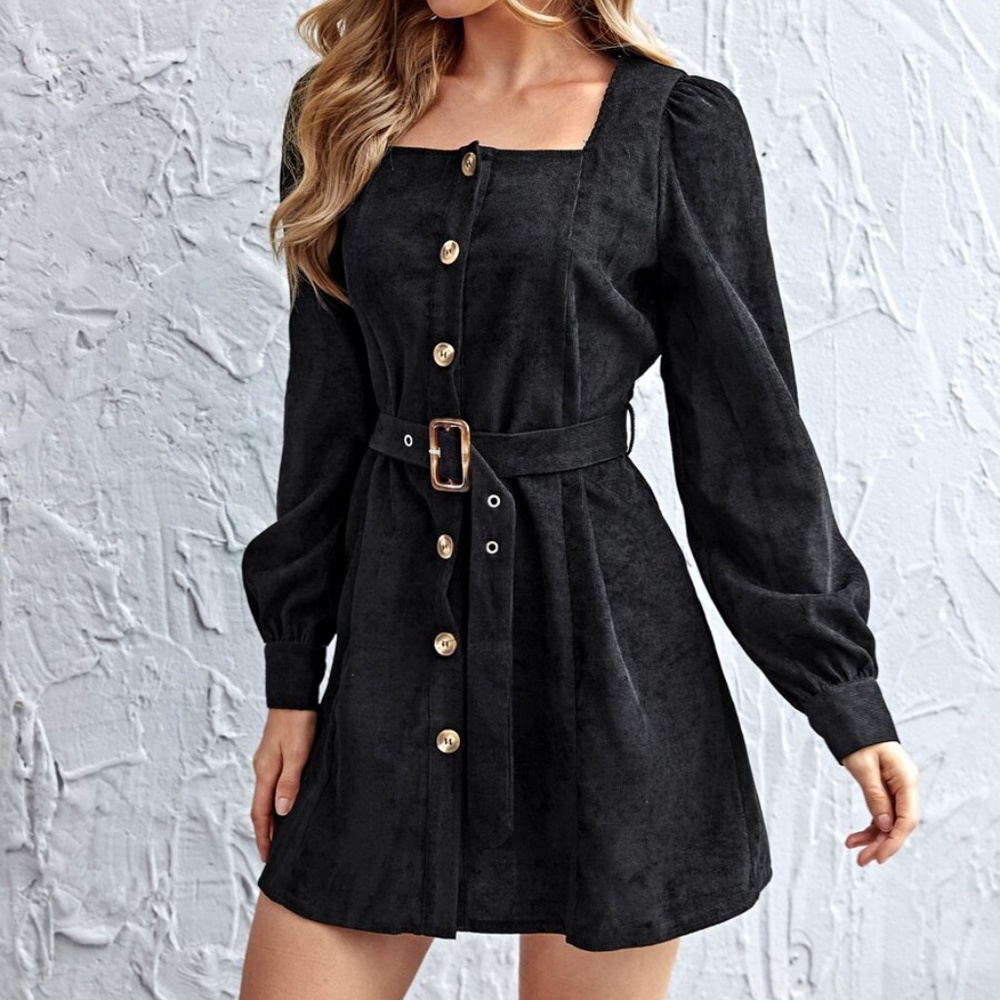 Square Neck Corduroy long sleeve mini dress - BLAC - Picture 3 of 5